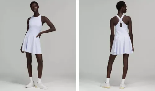Two views of the lululemon Court Crush Dress in the color Pastel Blue